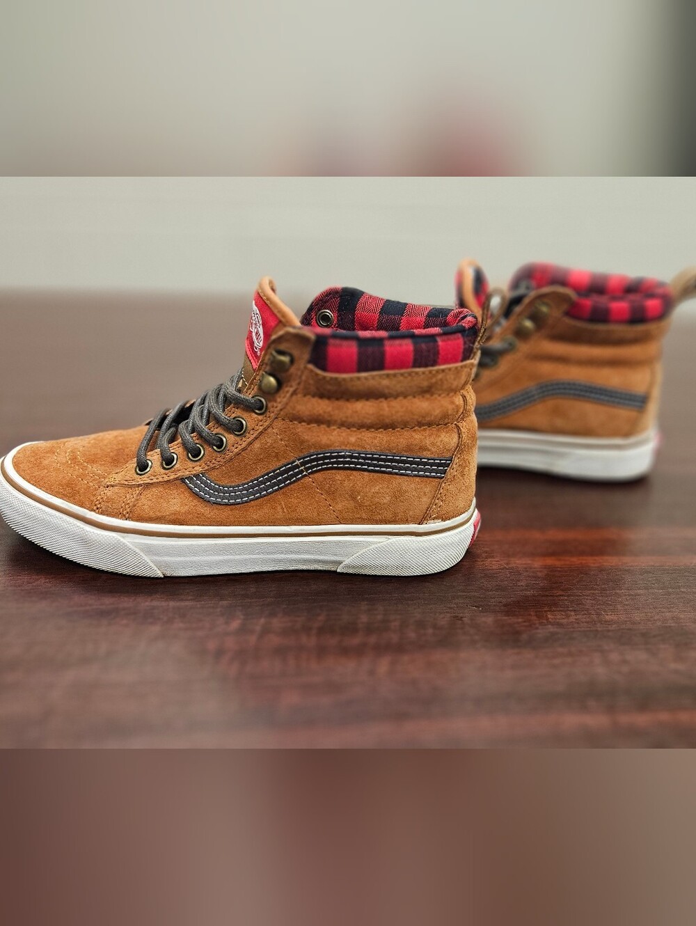 Vans Tan Suede High-Top Sneakers with Red Plaid Collar